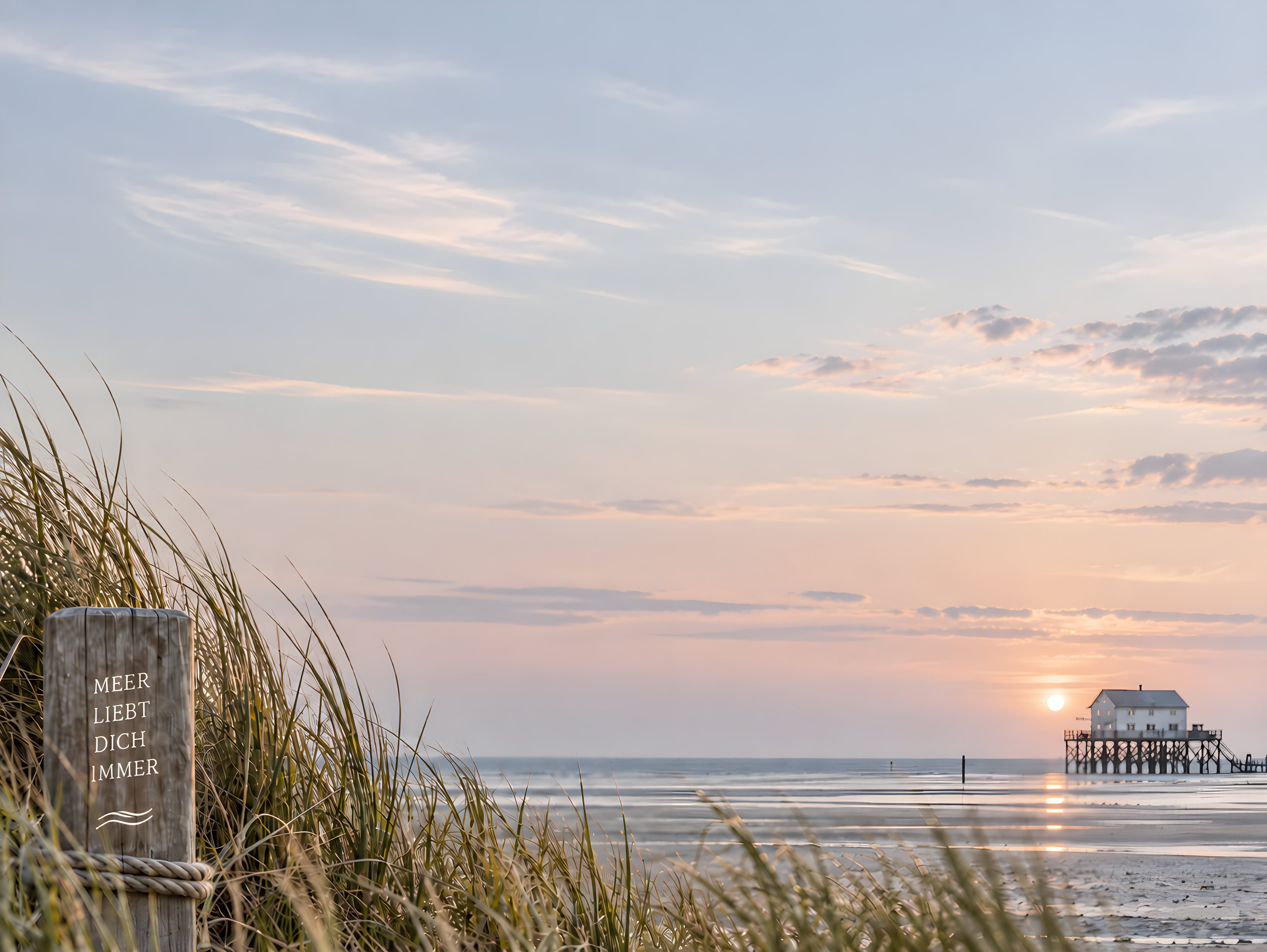 Sonnenuntergang am Strand von Sankt Peter-Ording mit Pfahlbau und Dünengras